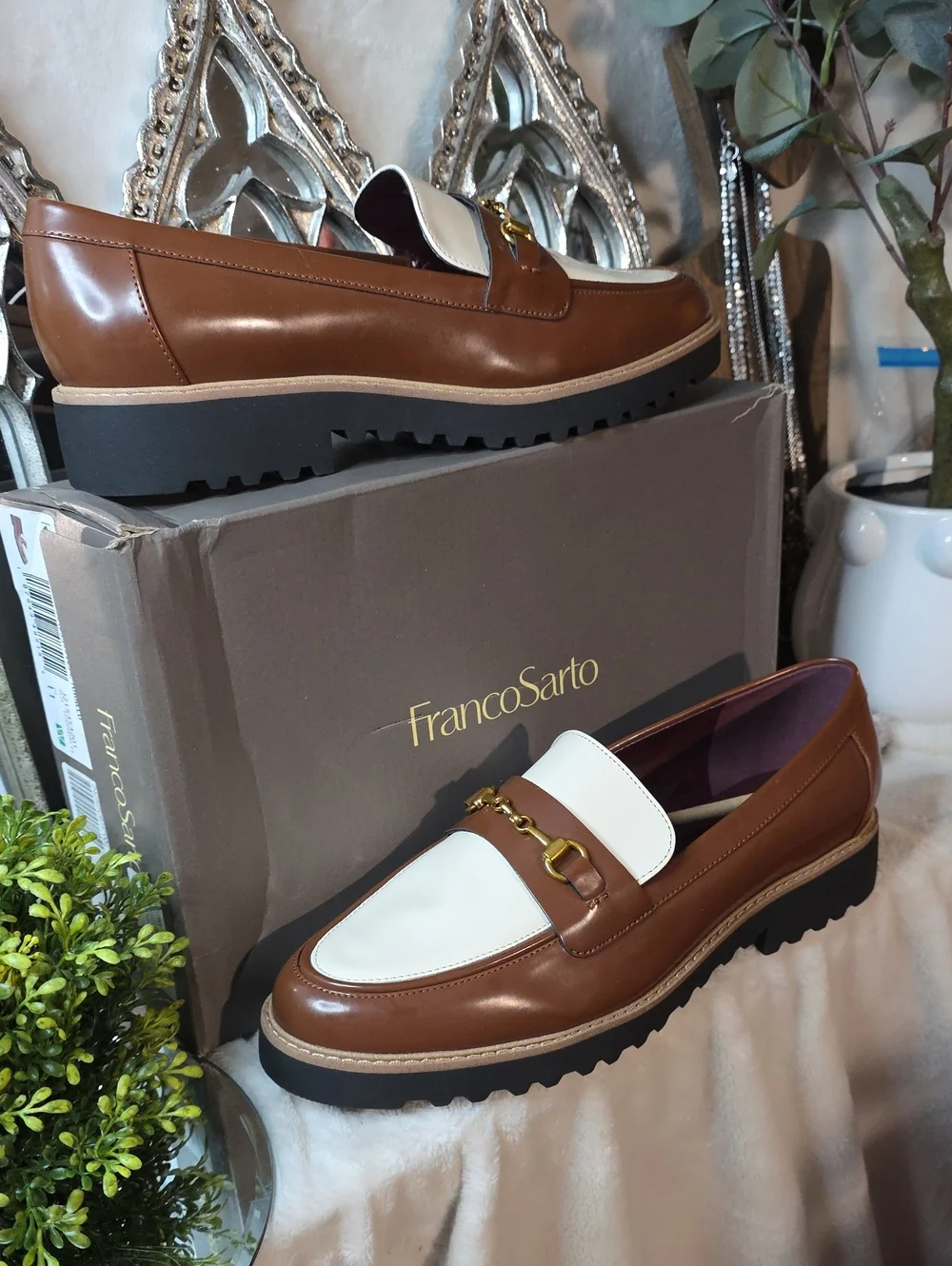 Franco Sarto Brown and White Colettte  Bridle Bit Loafers for Women Sz 11W